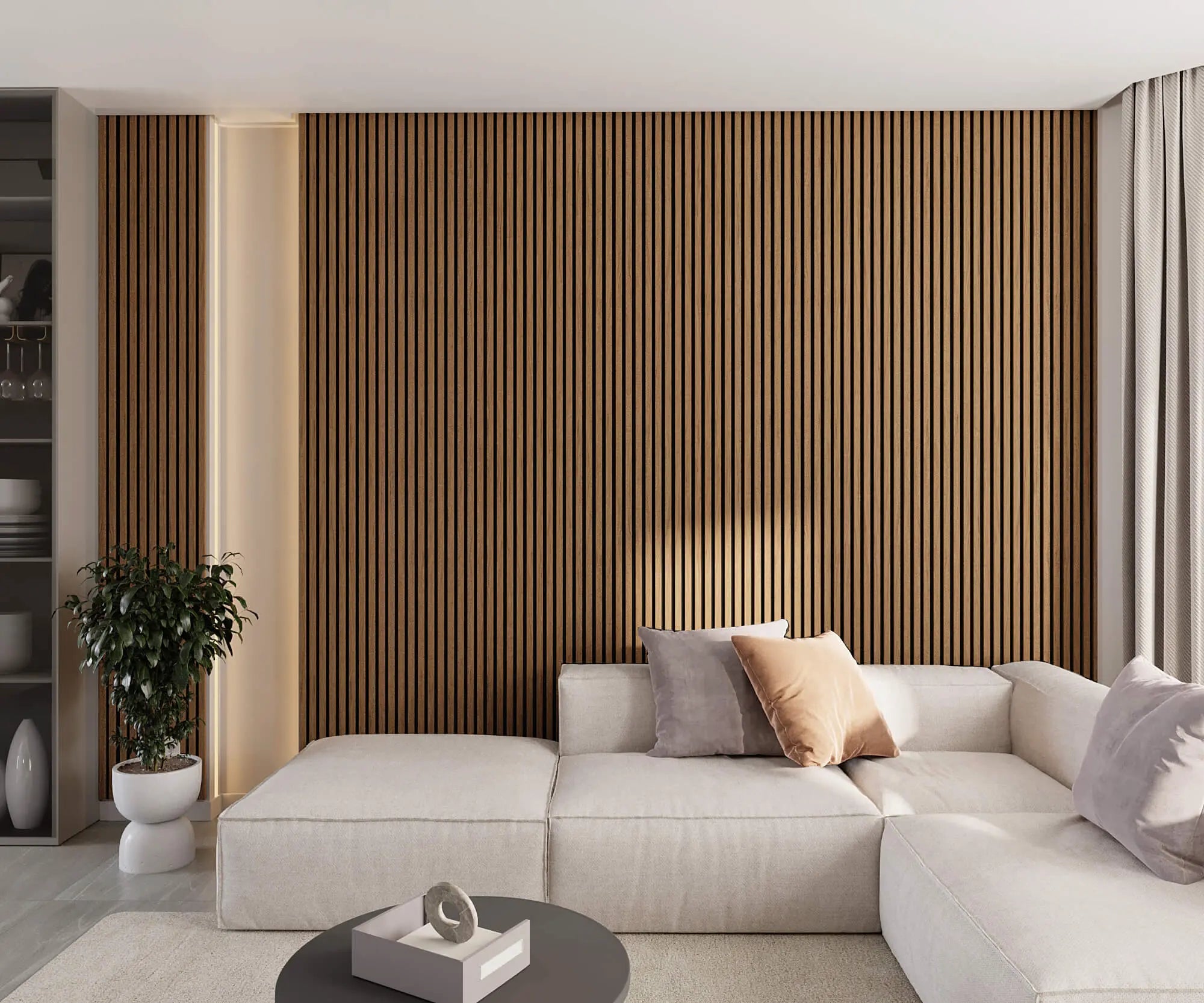 White oak wood slat panels in living room