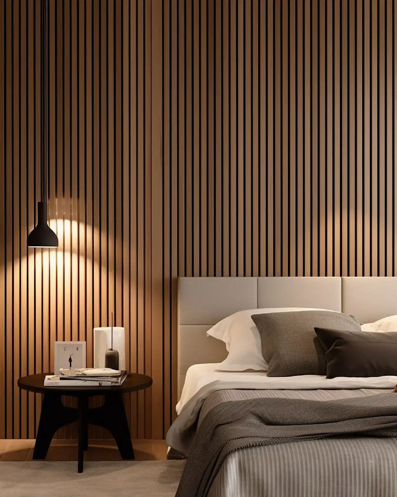 White oak wood slat panels in bedroom design