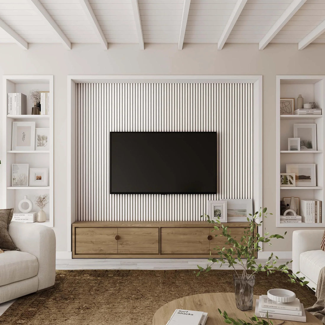 Luxury American White (PVC, Grey Felt) Acoustic Slat Wood Wall Panels